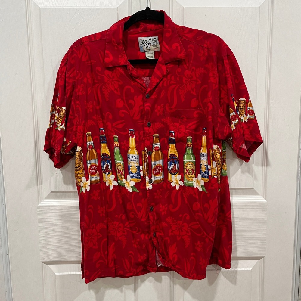 Big Dogs Authentic Hawaiian Shirt Beer Aloha Tiki‎ Red Medium M